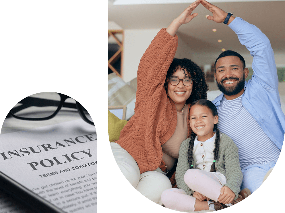 Family smiling with insurance policy document nearby.