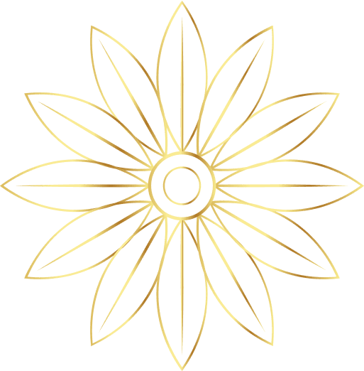 Gold geometric flower pattern on black background.